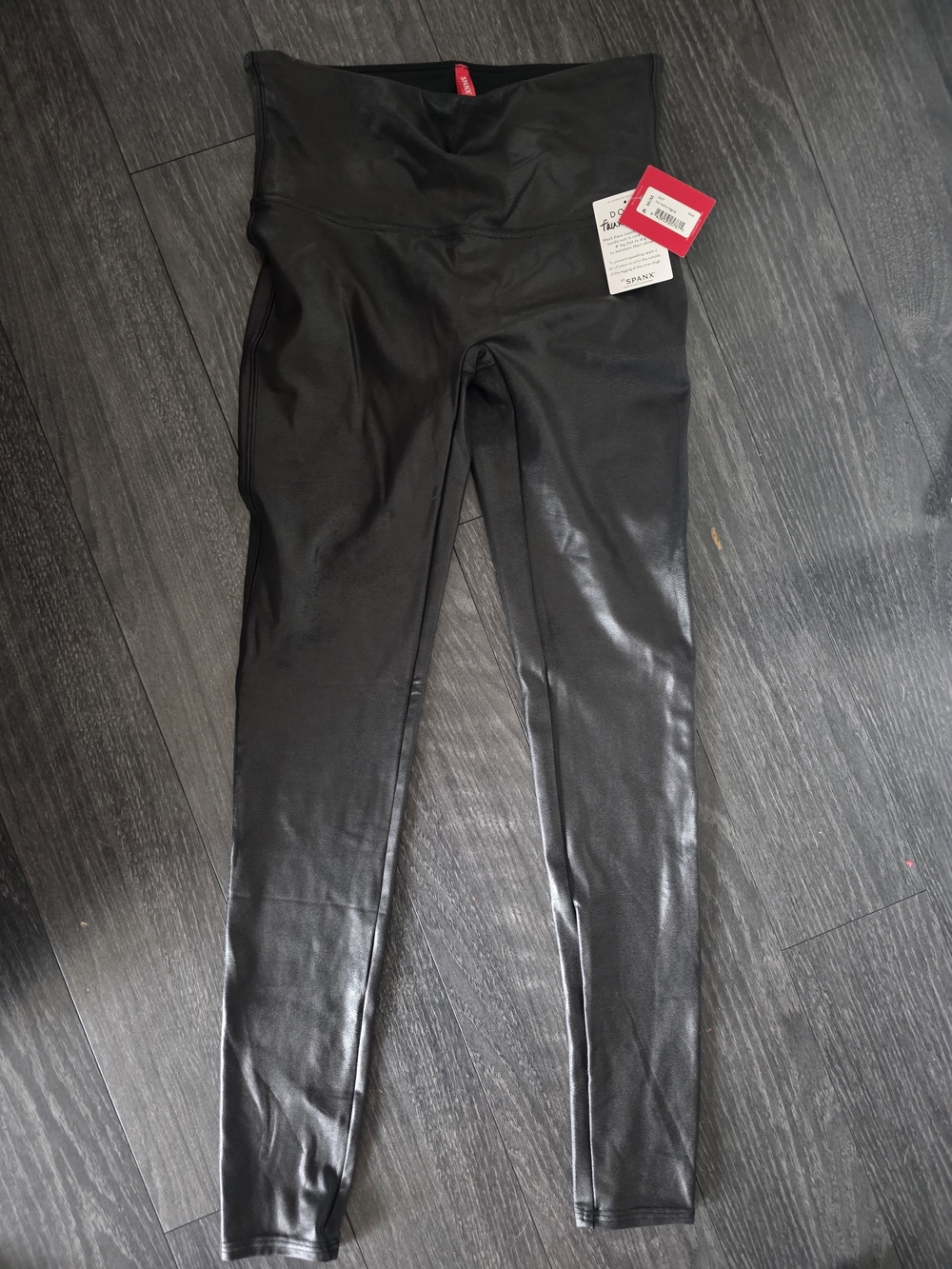 SPANX Black Faux Leather-Look High Waist Leggings with Pink Tag
